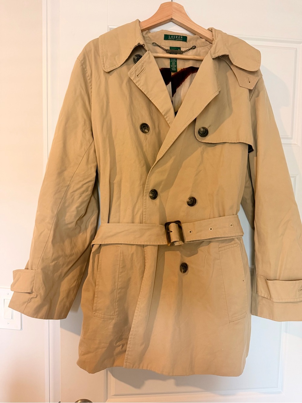 Lauren Ralph Lauren Tan 100% Cotton Double-Breasted Trench Coat with Belt